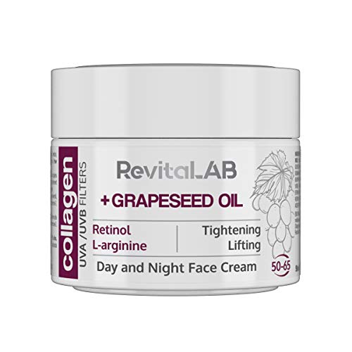 RevitaLAB - Crema hidratante antiarrugas de día y de noche con colágeno enriquecida con ácido hialurónico, L-arginina, retinol y un filtro UVA/UVB, franja de edad 50-65, 50 ml