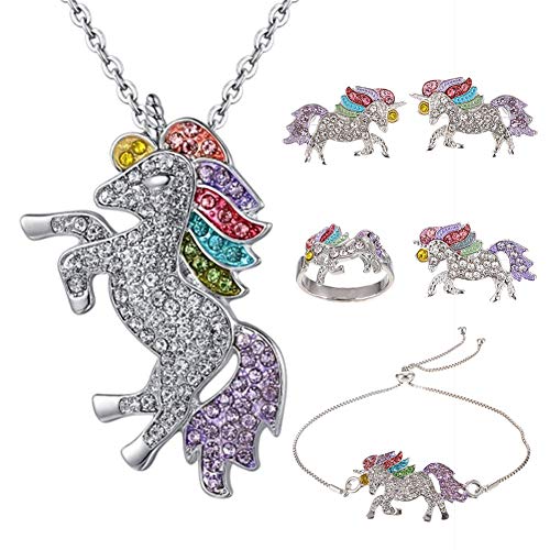 Rubywoo&chili Juego de 5 piezas de joyería de unicornio arcoíris con colgante de unicornio de cristal, collar, pulsera, pendientes, anillo, broche para niñas y mujeres