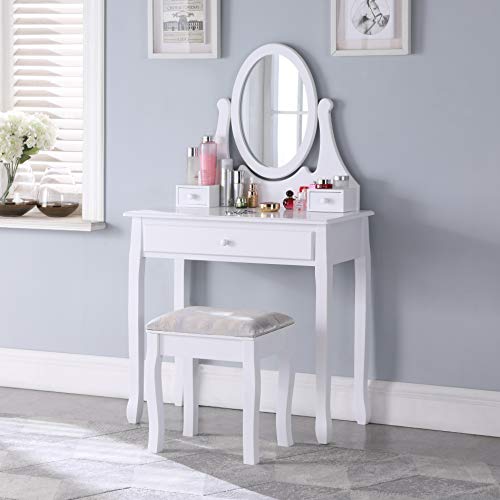Salbay - Tocador moderno en color blanco con espejo ovalado, 3 cajones, taburete de madera de pino, ideal para dormitorio, vestidor