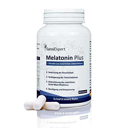 SanaExpert Melatonin Plus suplemento vitaminico para dormir mejor y conciliar el sueño con melatonina, niacina y hierba de San Juan.