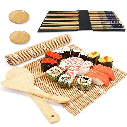 Set para sushi,Kit de sushi para principiantes,Kit para hacer sushi de bambú,kit de sushi, 1 remo,2 bandejas,1 salero de viaje,2 esterillas de rollo,5 pares de palil (A)