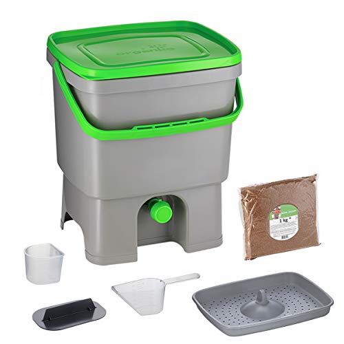 Skaza Bokashi Organko (16 L) Compostador de Jardín y Cocina de Plástico Reciclado | Starter Set con Bokashi Organko Polvo 1 Kg. (Gris-Verde)