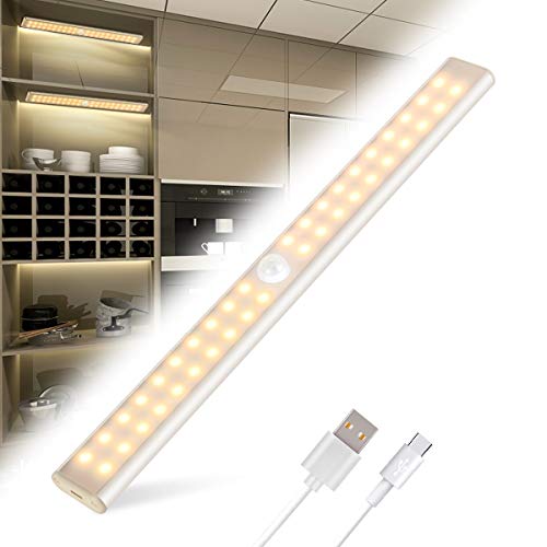 Tanbaby - Luz de armario LED con sensor de movimiento con USB, recargable, 40 luces LED para dormitorio, con tira magnética adhesiva, luces de exposición (luz blanca cálida)