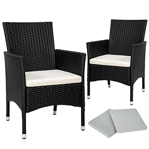 TecTake 2 x Ratán sintético silla de jardín set con cojines + 2 Set de fundas intercambiables + tornillos de acero inoxidable - disponible en diferentes colores - (Negro | No. 402122)