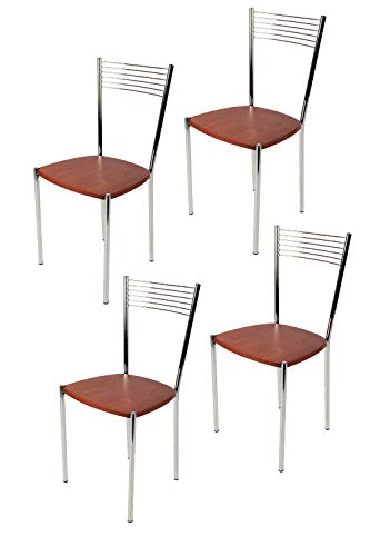 Tommychairs - Set 4 sillas Elegance para Cocina, Comedor, Bar y Restaurante, Estructura en Acero Cromado y Asiento en Madera Color Cerezo