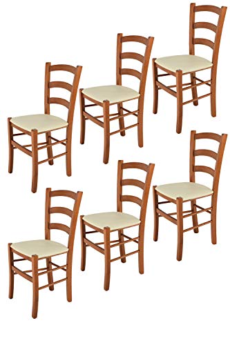 Tommychairs - Set 6 sillas Venice para Cocina y Comedor, Estructura en Madera de Haya Color Cerezo y Asiento tapizado en Polipiel Color Marfil
