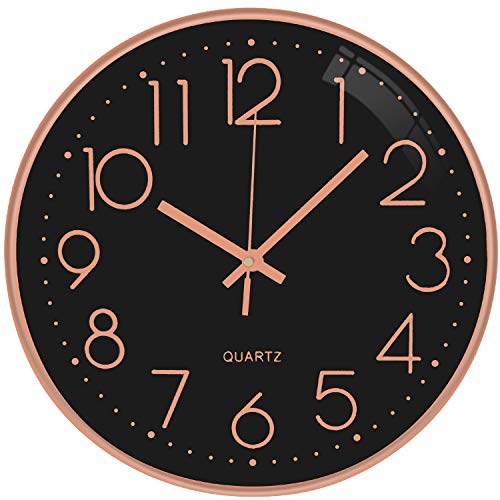 TOPPTIK Reloj de pared moderno de 12 pulgadas, silencioso, no hace clic y fácil de leer, decorativo para sala de estar, oficina, cocina (negro - oro rosa)