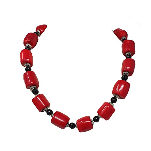 TreasureBay FAB - Collar de coral rojo natural con cuentas tibetanas de 8 mm de ágata negra y plata (52 cm, 145 gramos)
