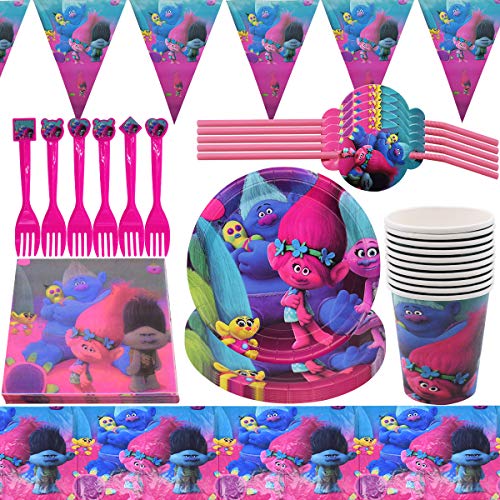Trolls Party Supplies Vajilla para fiestas Diseño Incluye Pancartas, Platos,Tazas, Servilletas, Pajay, Manteles y Tenedores Decoraciones Cumpleaños Trolls, 62 piezas