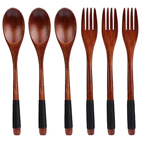 TsunNee - Juego de tenedores de cuchara de madera natural, mango largo, estilo Janpanese, para camping, cocina al aire libre, cocina, vajilla (negro)