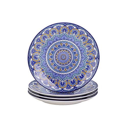 vancasso Serie Mandala Vajilla Porcelana Juego de 4 Platos Llanos Pintado a Mano Plato de Cena/Desayuno, Redondo Azul
