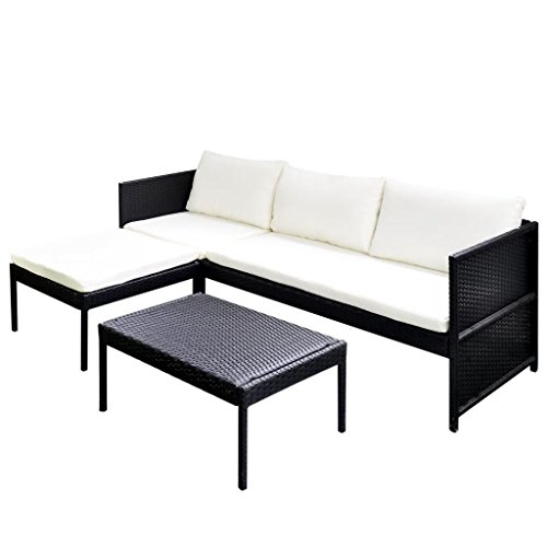 vidaXL Set de Muebles de Jardín con Sofá de 3 Plazas Ratán Sintético Negro Mobiliario de Patio Sillones Mesa Asientos de Exterior Marerial Mimbre