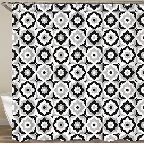 VORMOR Cortinas Ducha，diseño de baldosas de cerámica en Blanco y Negro con Flores，Cortina de Ducha Impermeable, Cortina de Ducha 180x180cm