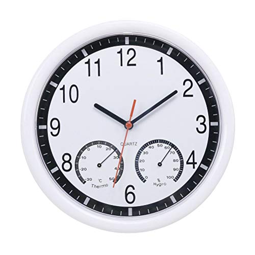 Vosarea Reloj de Pared de 1 Pieza con termómetro e higrómetro Reloj Colgante preciso Que Funciona sin Pilas para Oficina en el hogar sin baterías Blanco