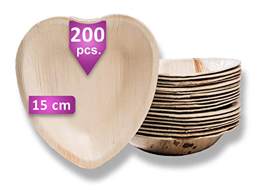 Waipur Platos Hoja de Palma Orgánicos – 200 Platos Biodegradables Desechables en Forma de Corazón – 15 cm – Vajilla Ecológica Premium, Estable, Natural y Compostable – como Platos Bambú