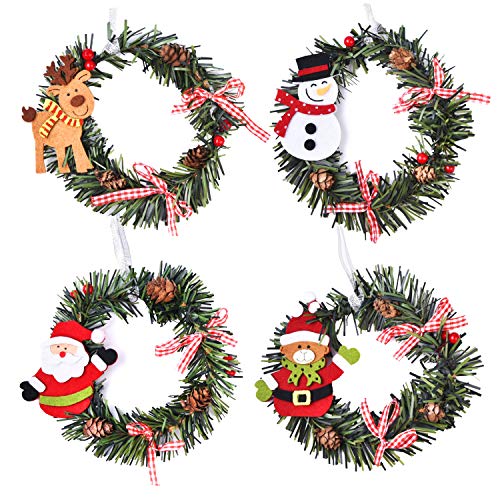 Xnuoyo Juego de Corona de Navidad para Colgar En La Puerta, Papá Noel/Muñeco De Nieve/Alce/Oso, Decoraciones para árboles De Navidad, Corona De Piña (4 Piezas)
