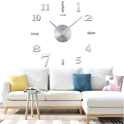 Yolistar DIY Reloj de Pared 3D, Etiqueta de La Pared del Reloj Mudo Moderno, Tamaño Grande, Fácil de Montar, para el Hogar, Oficina, Decoración de Pared del Hotel(Plata)