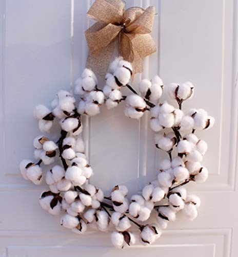 YOUNICER 14 Pulgadas Corona de Navidad Vintage casa de Campo Corona de algodón esponjosa Blanca Completa decoración de la Puerta de Entrada del hogar