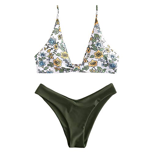 ZAFUL - Bikini para mujer acolchado, diseño floral de corte alto, conjunto de bañador verde M