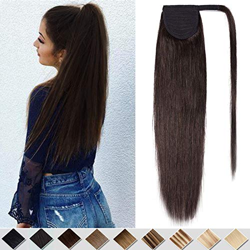45cm - Coleta Postiza Pelo Natural Ponytail [2# Marrón Oscuro] 100% Remy Extensiones de Clip Cabello Humano Lisa Hair Extensions (90g)