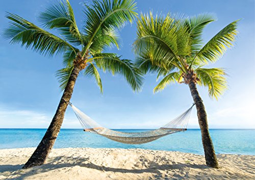 ARTBAY Playa de sueños, póster XXL - 118,8 x 84 cm, sensación de Vacaciones para el hogar y la Oficina, Hamaca Debajo de Dos Palmeras en la Playa romántica del Caribe, Playa de sueños, Hamaca y mar