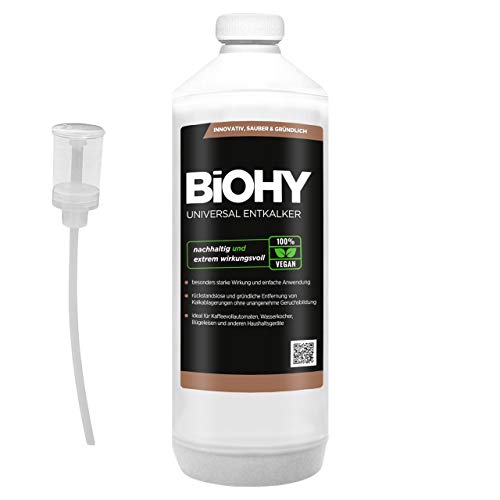 BiOHY Descalcificador universal (1 botella de 1 litro) + Dosificador | Concentrado para 20 procesos de descalcificación| Compatible con cafeteras, como DELONGHI, PHILIPS (Universal Entkalker)