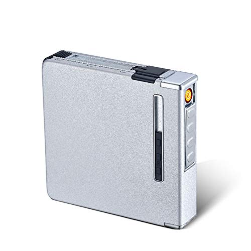 BTASS Caja De Cigarrillo con Mechero Cigarette Case De Aluminio USB Recargable Caja Cigarrillo con Encendedor Pitilleras para Mujer Y Hombre,Plata