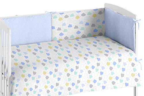 Burrito Blanco Edredón Cuna y Protector para Bebés 008 con Un diseño de Nubes para Cuna 60x120cm/Edredón Cuna + Chichonera para Proteger de los Posibles Roces y Golpes, Colores Azul y Amarillo