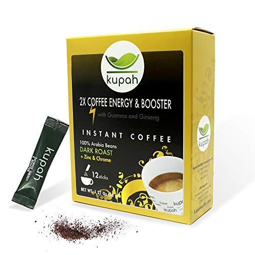 Cafe soluble natural extra fuerte | Kupah Energy Booster | 12 sobres x 3 g | 36g | Aumenta la Energía | Guarana y Ginseng | Tostado artesanal