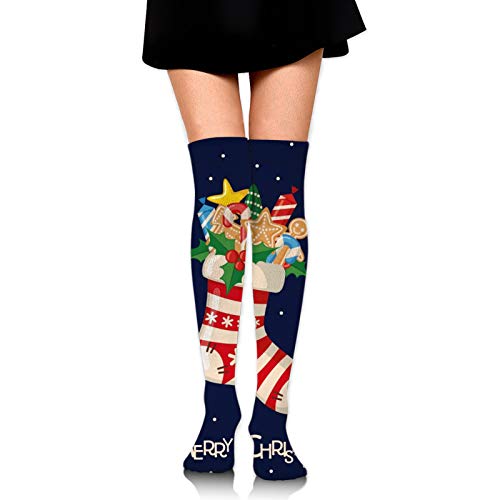 Calcetines Hasta El Muslo Para Mujer Calcetines Por Encima De La Calcetines Tarjeta de felicitación de Navidad con calcetín lleno de regalos en estilo plano. Vector De Niñas Medias Largas Calcetines