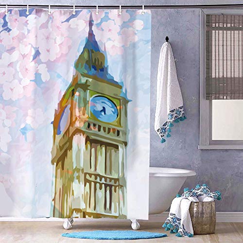 Cortina de baño dúplex edificio acuarela Big Ben Clock Set de cortina de ducha con 12 ganchos para acuarela, accesorios de baño modernos, lavable a máquina, 182,88 x 182,88 cm