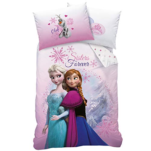CTI Juego de ropa de cama infantil de Disney Frozen, 100 x 135 cm, 60 x 40 cm, 100% algodón, diseño de Elsa y muñeco de nieve, Olaf Frozen 2 Pink Mountain