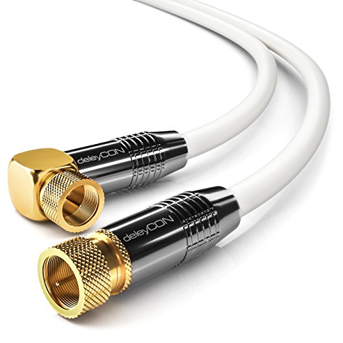 deleyCON 7,5m Sat Cable de Antena Cable de Satélite Cable Coaxial 100 dB HDTV Full HD - Conector F 90° Grados en Ángulo en Conector F Recto - Conector Metálico - Blanco