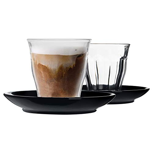 Duralex Picardie - Juego de 12 tazas de café y platillo de cerámica, estilo moderno, taza para café con capuchino, 220 ml, vidrio, negro, 14 x 8.5 x 14 CM