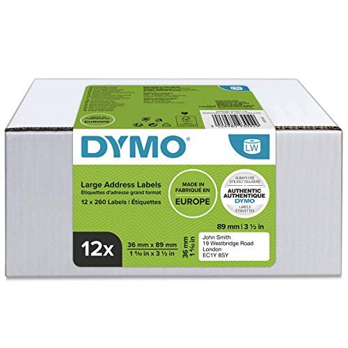 DYMO LW - Etiquetas de dirección grandes y auténticas, 36 mm נ89 mm, 12 rollos de 130 etiquetas con reverso fácil de retirar 1560 unidades, autoadhesivas, para rotuladoras LabelWriter