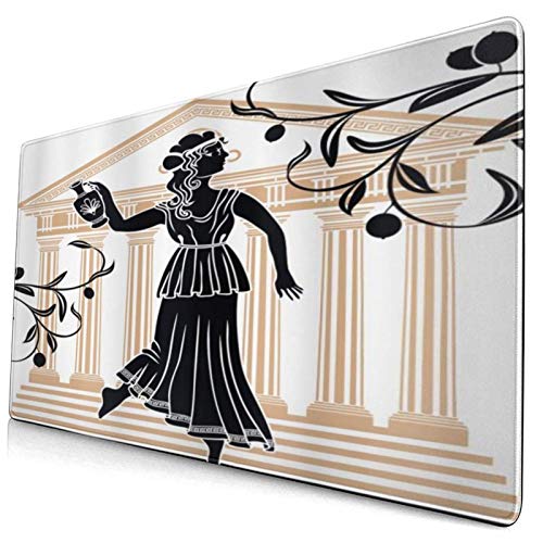 ELIENONO Alfombrilla Raton,Retro Mujer Griega con Edificio de ánfora y patrón Popular de Cultura de Ramas de Olivo,750×400×3mm