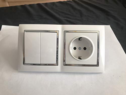 Enchufe schuko+interruptor doble de pared con marco blanco.