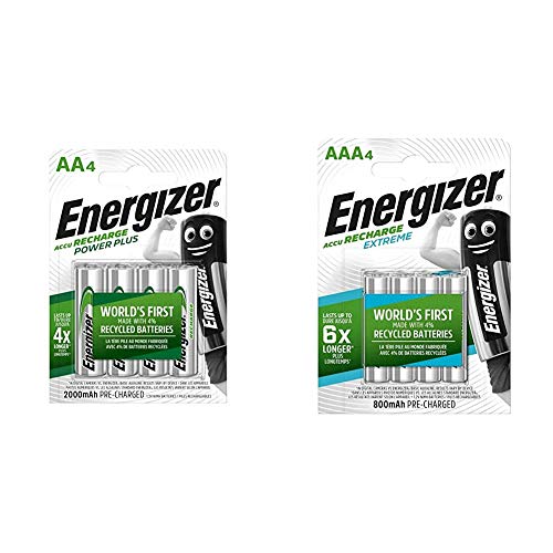 Energizer Power Plus AA - Pilas Recargables, Color Plateado + HR03 - Pack de 4 Pilas Recargables AAA, Color Negro