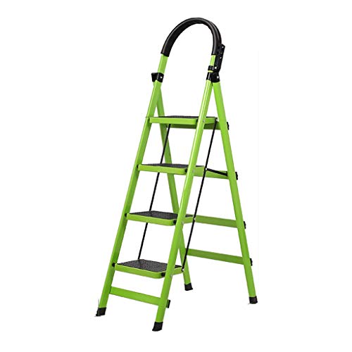 Escalera plegable Tricolor Hierro Escalera, Estable Seguridad de soporte de escaleras Cuatro Escalera plegable multifuncional Mantenimiento de tijera Multifuncional (Color : Green, Size : 76 * 145cm)