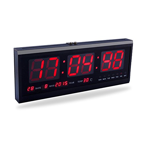 Fdit LED Reloj Digital Grande con Tiempo Calendario Fecha y Temperatura Indicación Reloj de Escritorio para Hogar Oficina Restaurante Aeropuerto Banco (Rojo/Azul/Verde) Socialme-EU (Rojo)