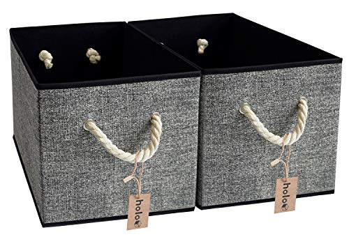 Holo - Juego de 2 cajas de almacenaje plegables con asas de algodón, estantes, caja de tela, organizador, cubos, cesta de almacenamiento, plegable (negro/gris)