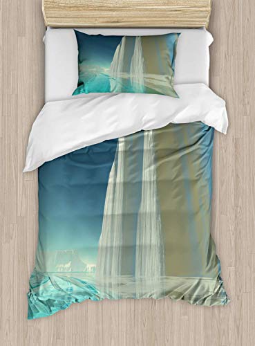 Ice Berg Single Bedding Duvet Cover 2 Piece, Graphical Massive Frigid Structure by The Sea, Soft Bedding Protects Set with 1 Comforter Cover 1 Pillowcase, Slate Blue Pale Sage Green Seafoam Blue Grey