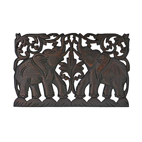 Jubilant Thai Elephant Duo - Panel de pared de madera de teca tallada a mano, diseño de elefante tailandés