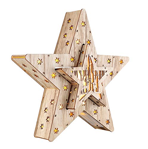 Juego de 2 estrellas decorativas de madera con 16 luces LED – 33,5 x 33,5 x 6 cm – Estrella de Navidad iluminada decoración de mesa ventana
