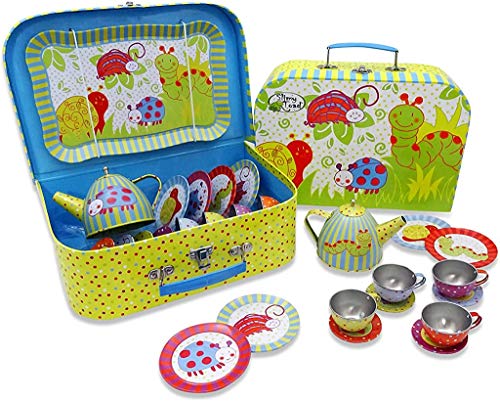 Juego de té de juguete en maletín de color verde, azul, amarillo y rojo con dibujos de bichitos - Vajilla infantil de estaño de 14 piezas
