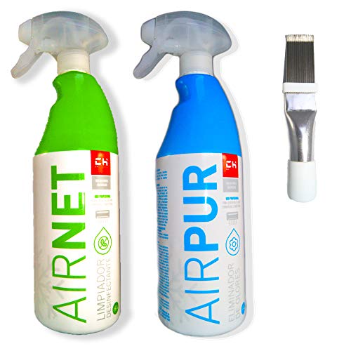 Kit Limpiador aire acondicionado Airpur + Airnet + Peine de aletas. Desinfectante circuitos casa y coche. Spray higenizador mal olor de Split, filtros, conductos, rejillas. Higienizante bactericida.