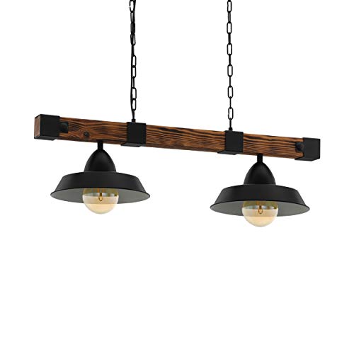Lámpara colgante EGLO OLDBURY, lámpara colgante vintage con 2 bombillas de estilo industrial, lámpara colgada de acero y madera, color: negro, marrón rústico, casquillo: E27, L: 86 cm