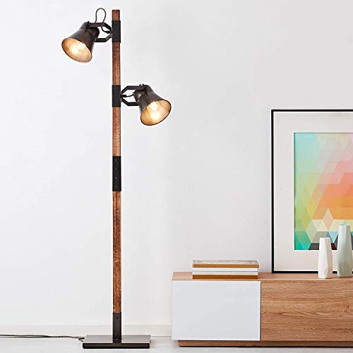 Lámpara de pie rústica con 2 focos, 2 bombillas E27, máx. 10 W, metal/madera, acero negro y madera