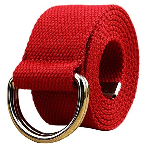 Lenfesh Red Double Loop Cinturón de lona Hombres Mujeres Estudiantes Amantes Casual Salvaje Color sólido Cintura ajustable