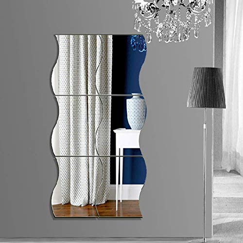 Lesai Espejo Pared Flexible 6pcs Forma Ondulada Espejos de Pared Autoadhesivo Espejos Decorativos para la Superficie de la Decoración de la Oficina en el Hogar (Plata, 30 x 25 cm)